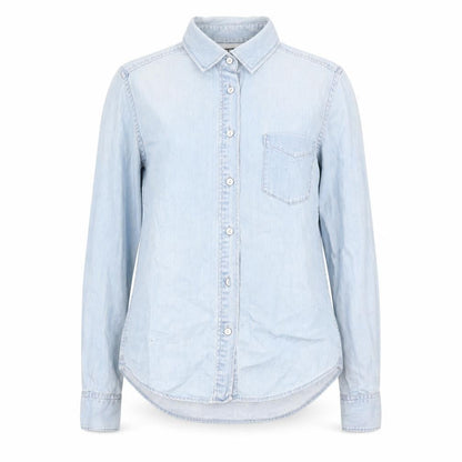 Front view of unisex denim blue button-up long sleeve shirt by uniqlo