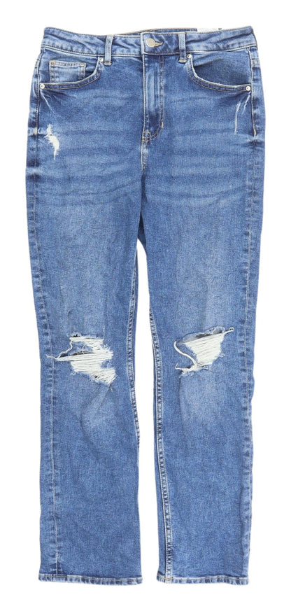 Women's High Waist Blue Straight Distressed Jeans, Size 8