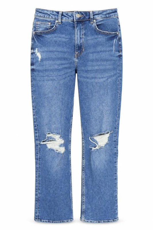 Front view of Women's High Waist Blue Straight Distressed Jeans, size 8