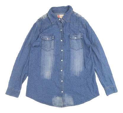 Jovonnista Womens Blue Denim Button-Up Shirt Size 12
