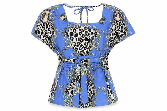 Front view of Izabel Women's Blue Tunic Blouse with Animal Print