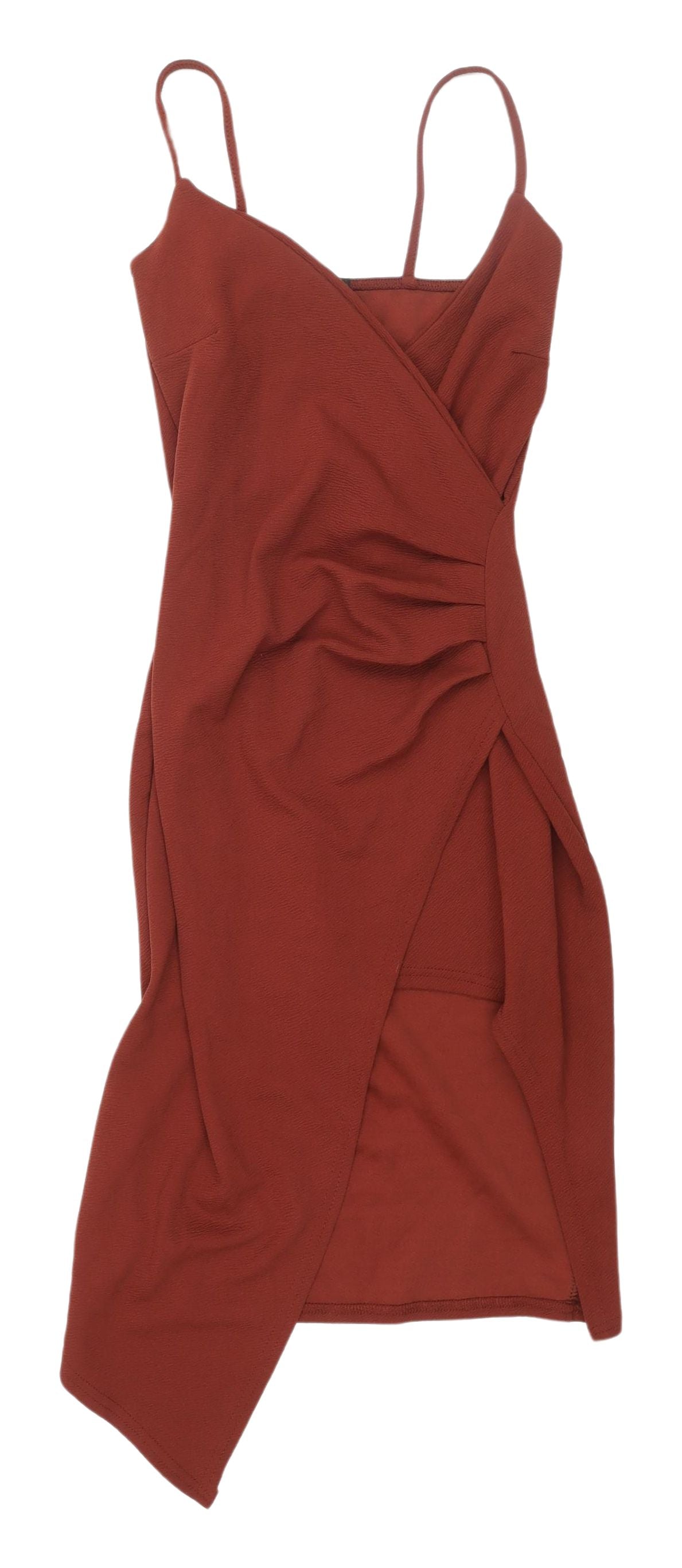 PrettyLittleThing Women's Brown Asymmetric Bodycon Dress - Size 12