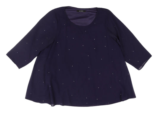 Evans Women's Blue Beaded Blouse, Size 16, 3/4 Sleeve, Scoop Neck