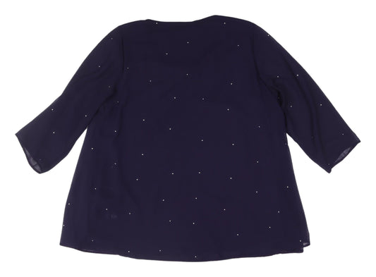 Evans Women's Blue Beaded Blouse, Size 16, 3/4 Sleeve, Scoop Neck