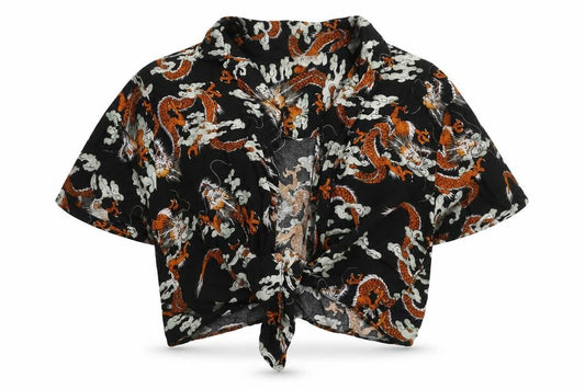 STAY Women's Black Cropped Animal Print Shirt M