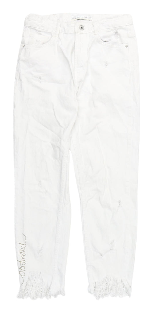 Zara Women's White Distressed Straight Jeans Size 8