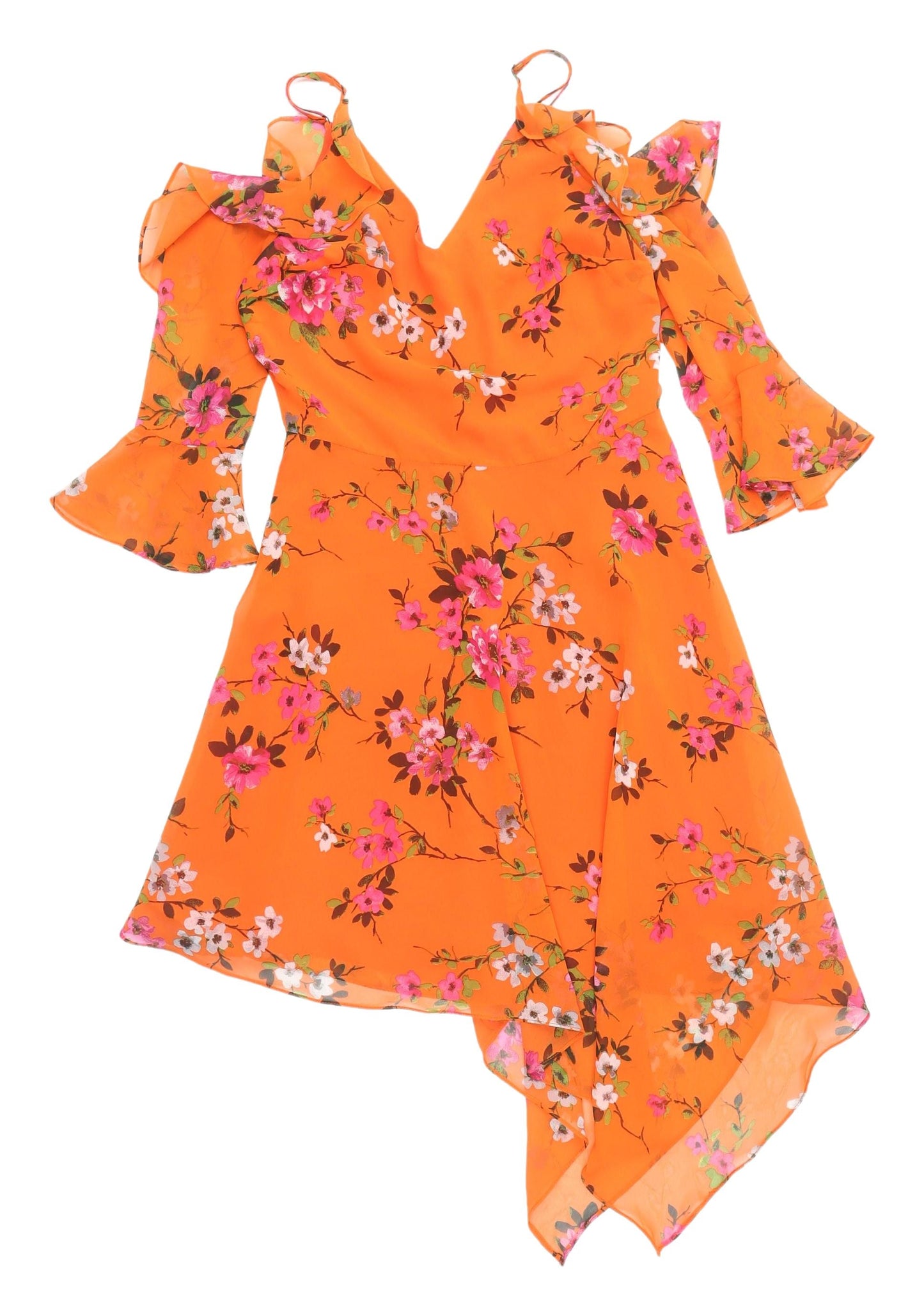 Miss Selfridge Orange Floral Asymmetric Dress, Size 8, Party