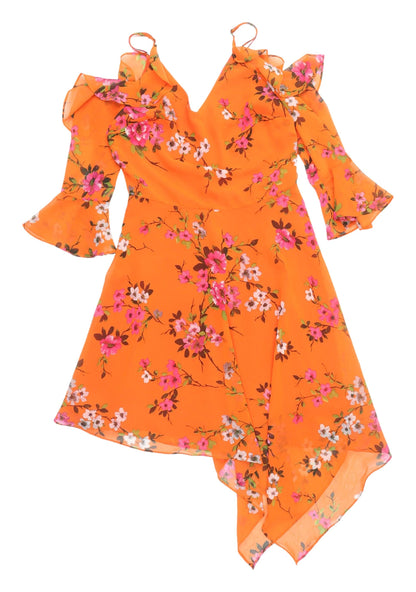 Miss Selfridge Orange Floral Asymmetric Dress, Size 8, Party