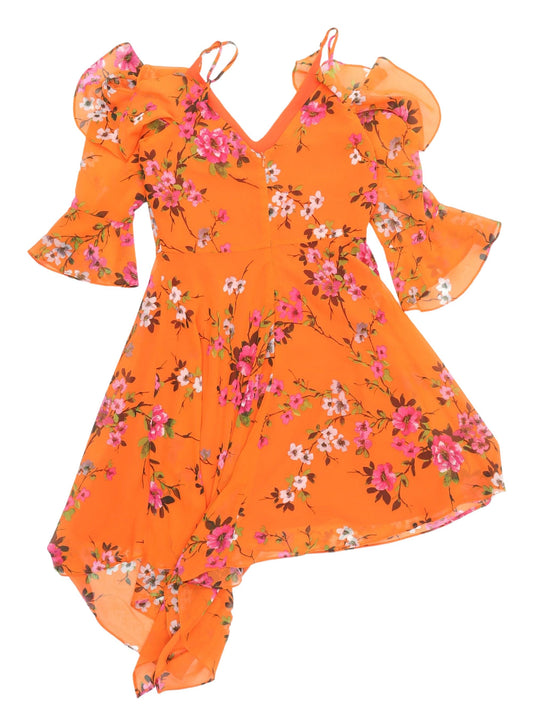 Miss Selfridge Orange Floral Asymmetric Dress, Size 8, Party