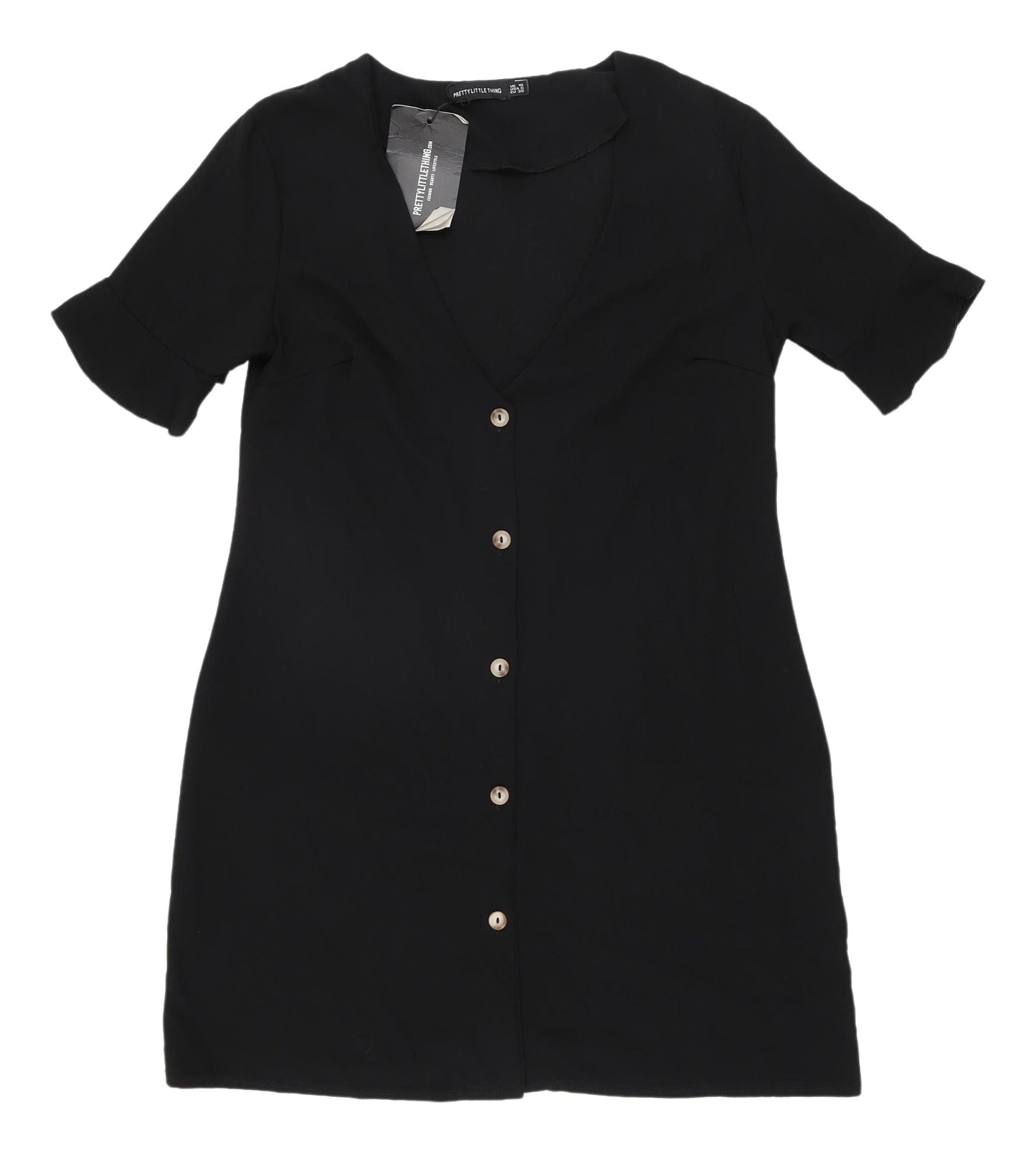 PrettyLittleThing Black V-Neck Shirt Dress Size 10