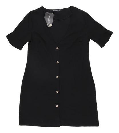 PrettyLittleThing Black V-Neck Shirt Dress Size 10