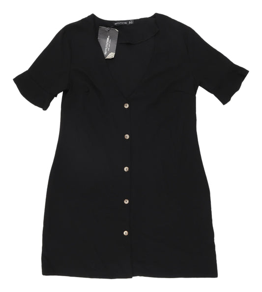 PrettyLittleThing Black V-Neck Shirt Dress Size 10