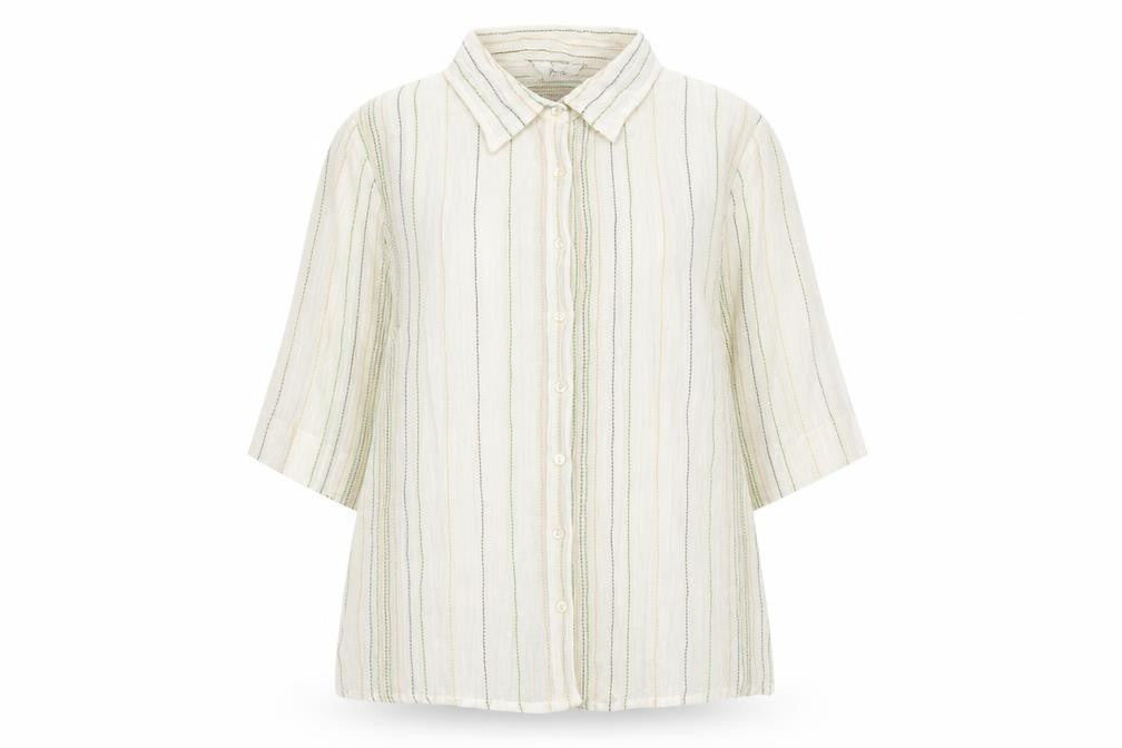 BHS Women's White Striped 3/4 Sleeve Button-Up Shirt