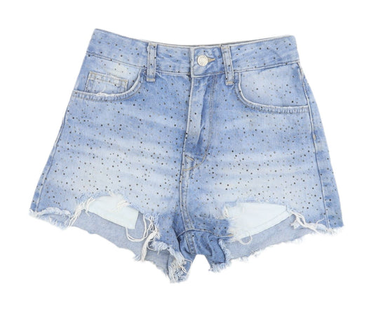Bershka Women's Blue Denim Cut-Off Shorts Size 4