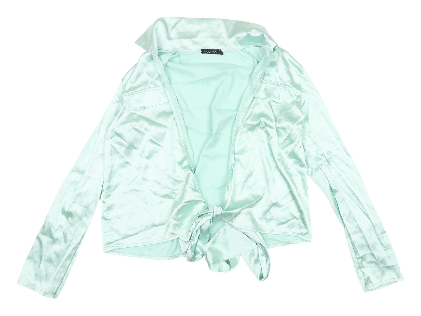 Boohoo Green Cropped Satin Blouse, Size 14, Casual V-Neck