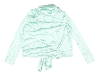 Boohoo Green Cropped Satin Blouse, Size 14, Casual V-Neck