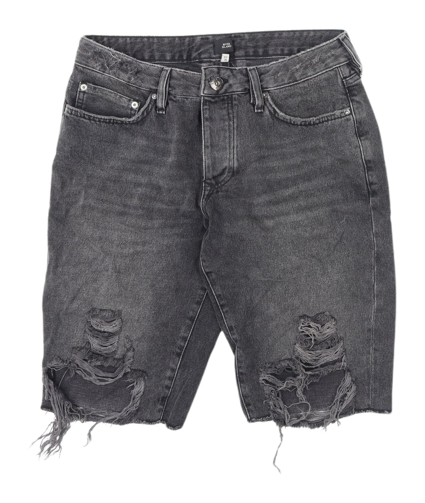 River Island Men's Black Cargo Shorts L Distressed Denim