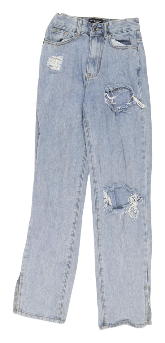 PrettyLittleThing Blue Petite Distressed Jeans - XS