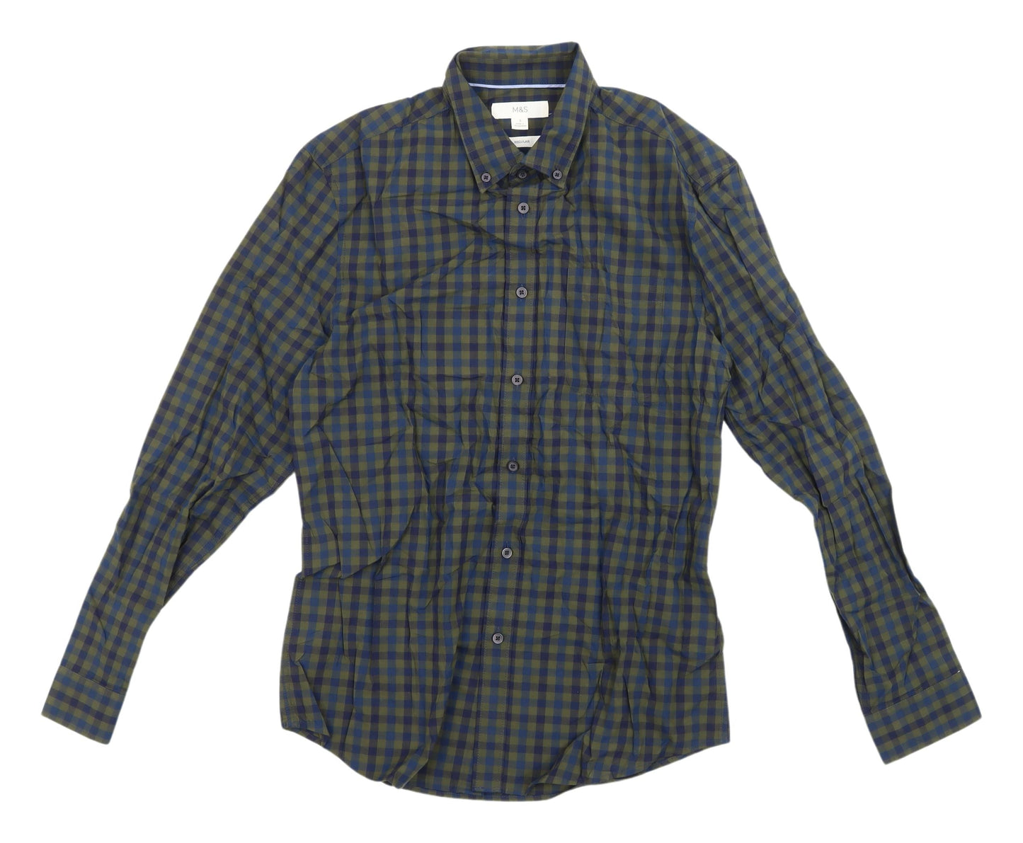 Marks and Spencer Men's Blue Check Button-Up Shirt S
