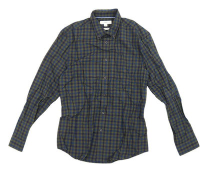Marks and Spencer Men's Blue Check Button-Up Shirt S