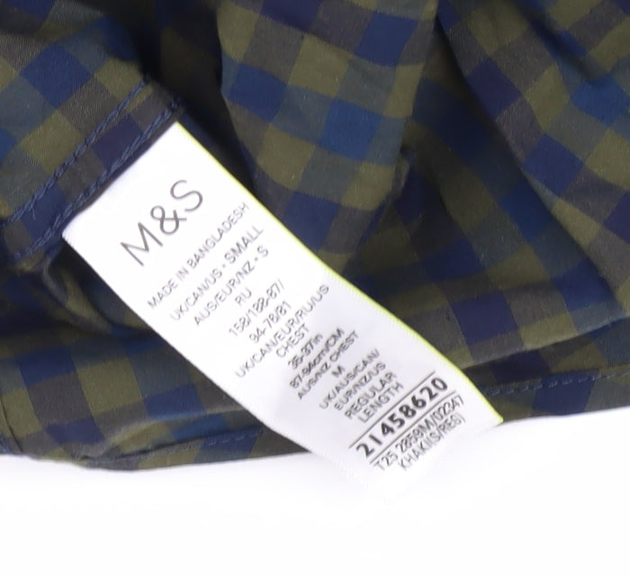 Marks and Spencer Men's Blue Check Button-Up Shirt S