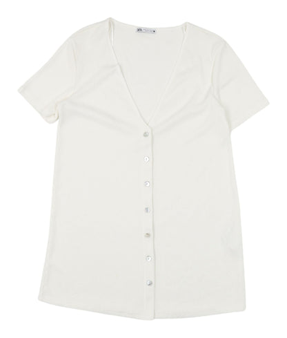 Zara Women's White V-Neck Button-Up Top M