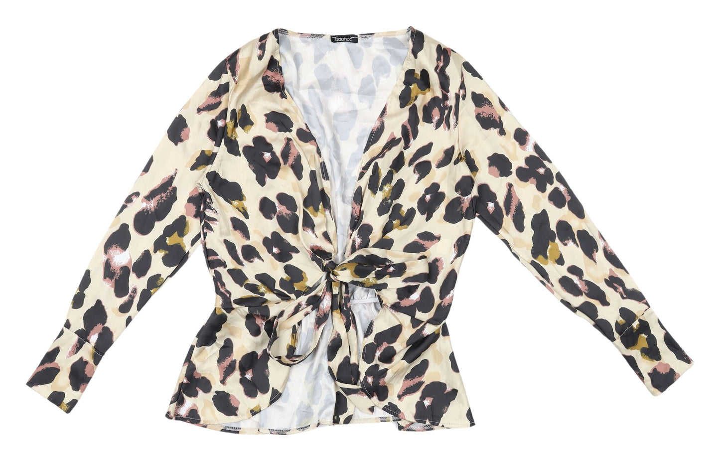 Boohoo Women's Beige Animal Print Wrap Top Size 14