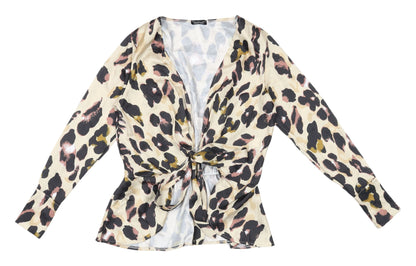 Boohoo Women's Beige Animal Print Wrap Top Size 14