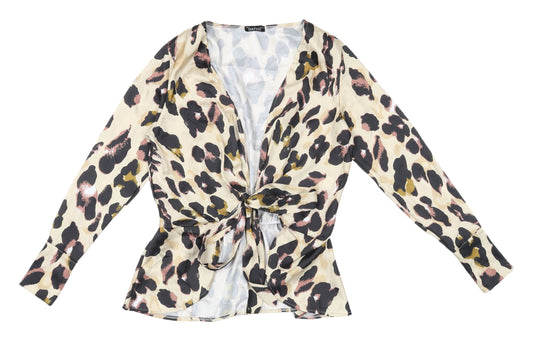 Boohoo Women's Beige Animal Print Wrap Top Size 14