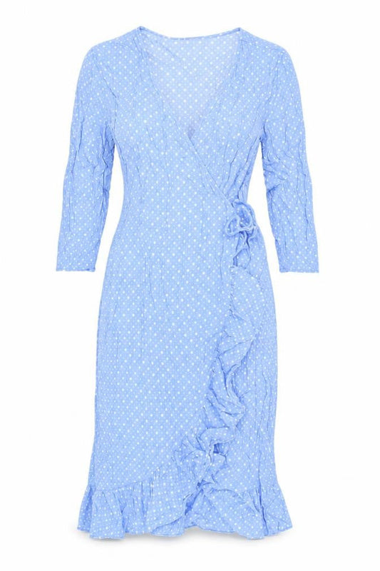 Front view of By Malene Birger Blue Polka Dot Wrap Dress, size 8