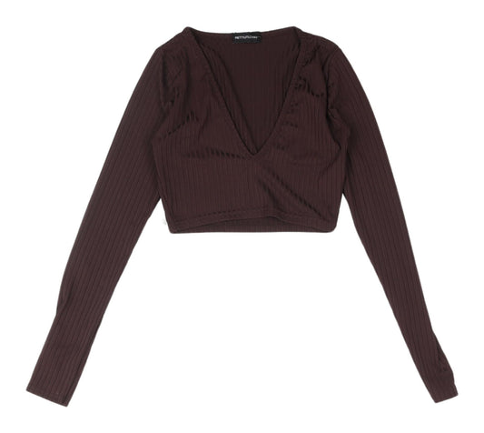 Womens UK Size 6 PRETTYLITTLETHING Brown Cropped Blouse