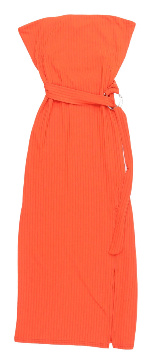 New Look Women's Orange Strapless Belted Midi Dress