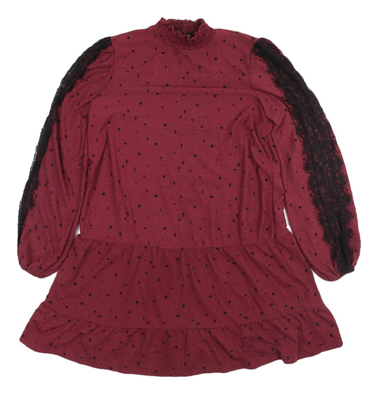 Next Women's Red Shift Dress Size 14, High Neck, Lace Accents
