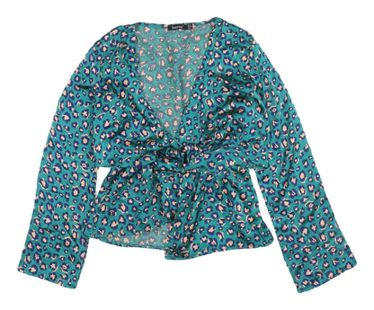 Boohoo Women's Blue Animal Print Wrap Blouse