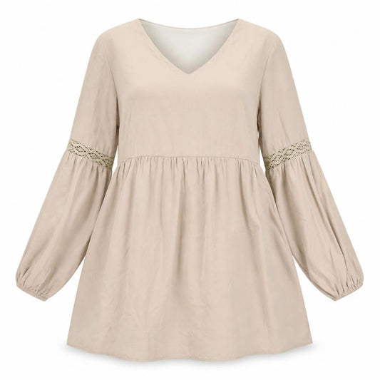 Front view of Yoins Beige A-Line Dress with Lace Accents, size M
