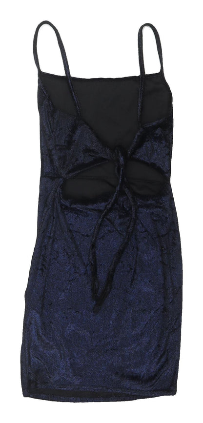 PrettyLittleThing Blue Velvet Bodycon Dress UK 8