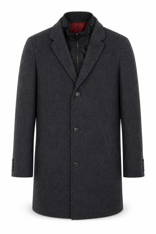 Front view of Hafnium unisex black wool blend long overcoat, size 30