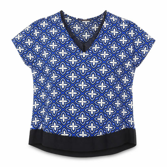 Front view of Marks & Spencer Blue Geometric V-Neck Blouse, size 14