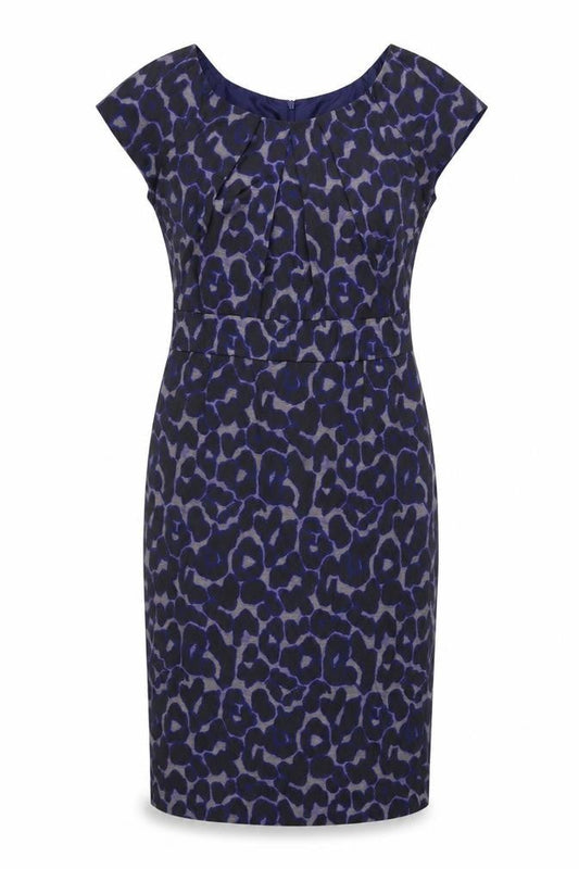 Front view of Kaliko Women's Blue Leopard Print Sheath Dress, size 14