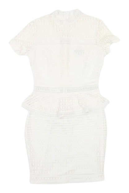 PrettyLittleThing White Peplum Lace Dress, Size 8, New