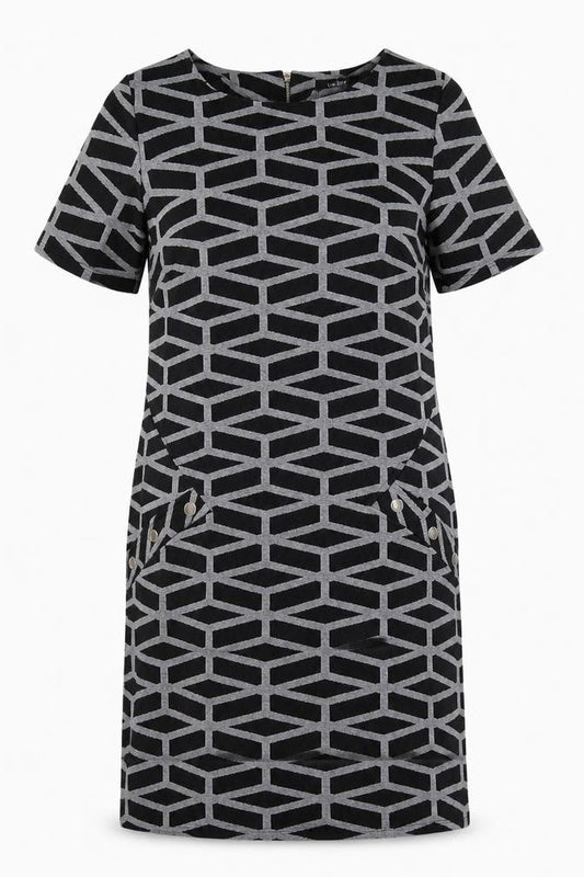 Front view of Wallis Women's Black Geometric Shift Dress, size 10