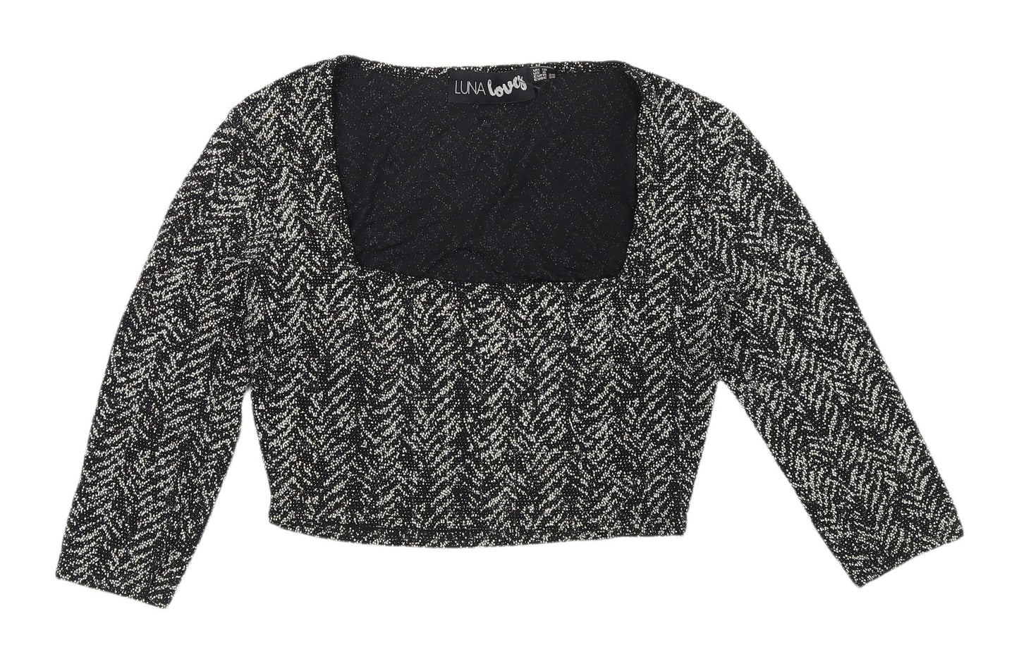 Luna Love Black Cropped Herringbone Blouse Size 10 Women