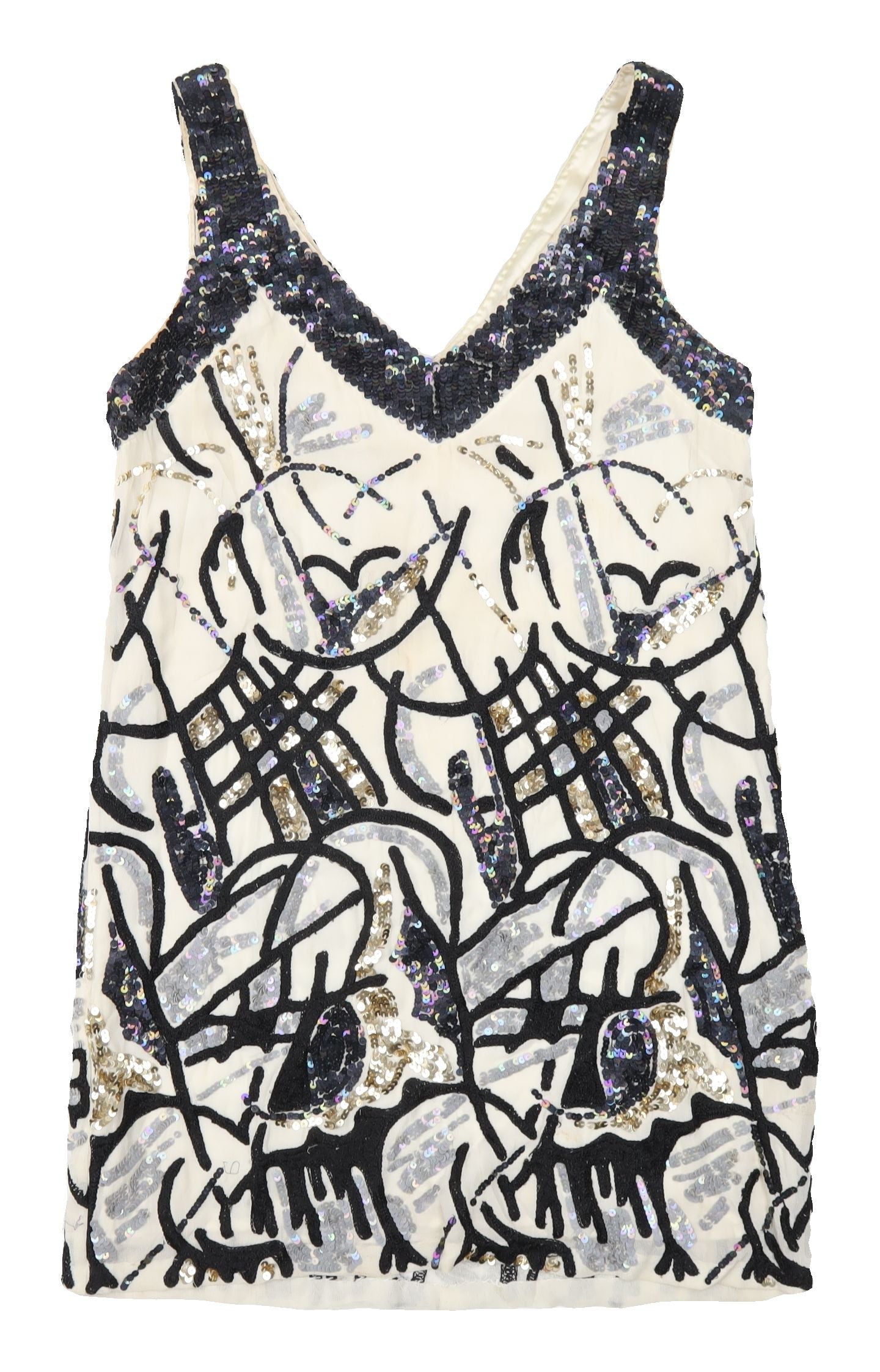 French Connection Sequin Shift Dress - Black/Ivory, Size 10
