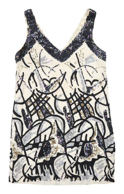 French Connection Sequin Shift Dress - Black/Ivory, Size 10