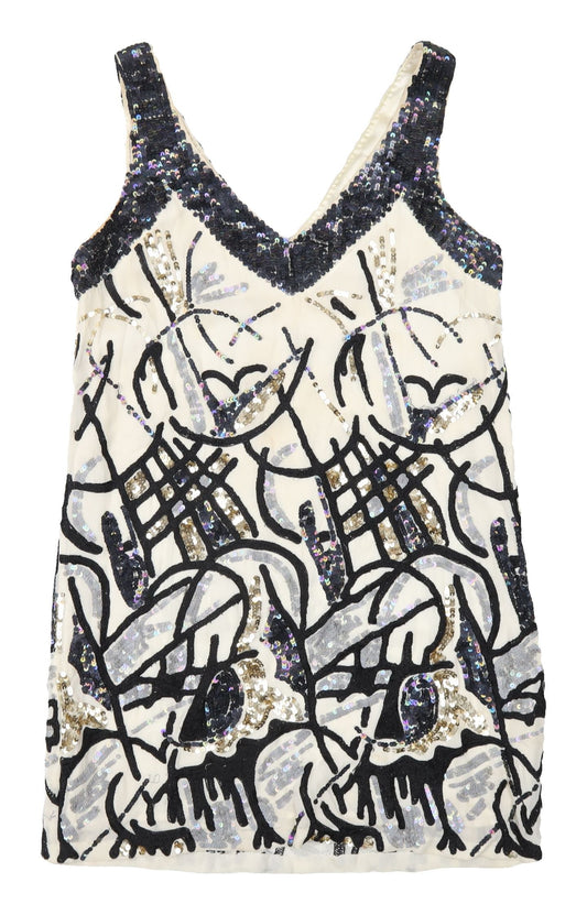 French Connection Sequin Shift Dress - Black/Ivory, Size 10