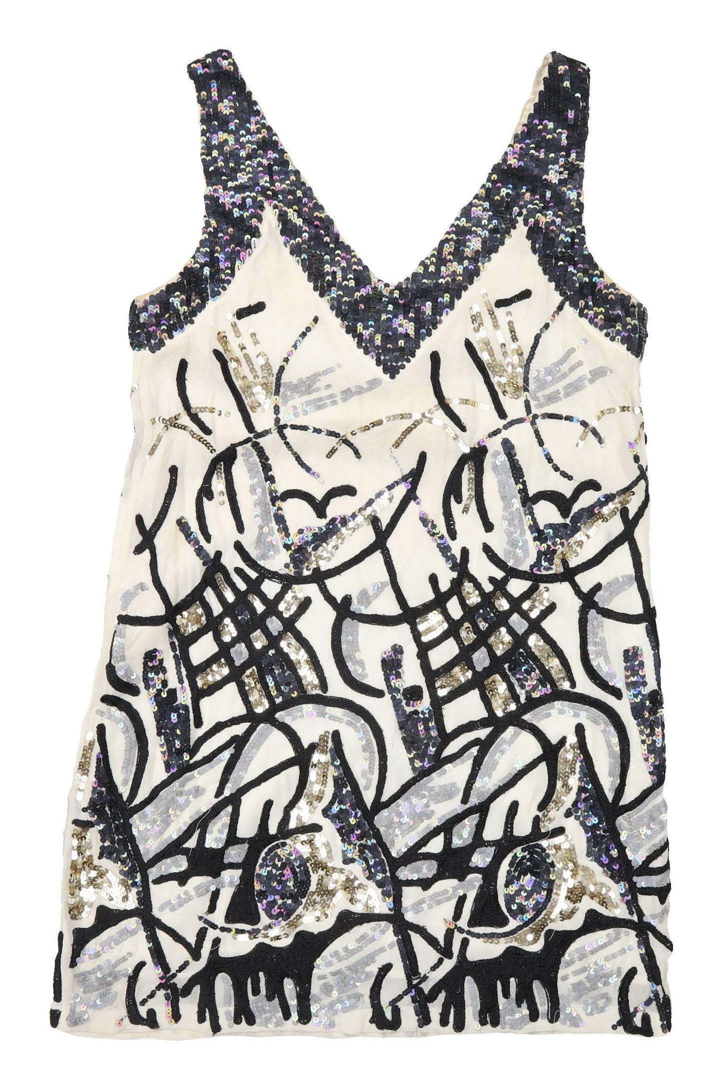 French Connection Sequin Shift Dress - Black/Ivory, Size 10