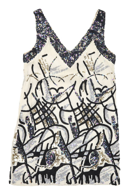 French Connection Sequin Shift Dress - Black/Ivory, Size 10