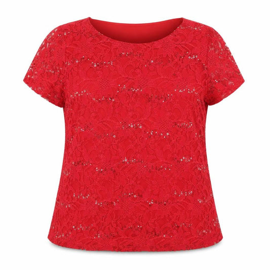 Front view of Soon Women's Red Lace Blouse, size 18, Sequin Detail