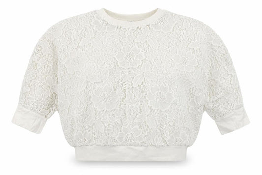 Front view of YAYA Women White Cropped Lace Top, size 6, Regular Fit