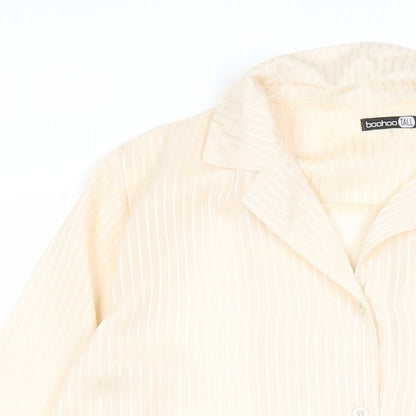 Boohoo Womens Beige Striped Polyester Basic Button-Up Size 6 Collared